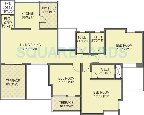 Floor plan of 3 BHK 1521 Sq. Ft. Apartment in Paranjape Schemes Azure, Pune