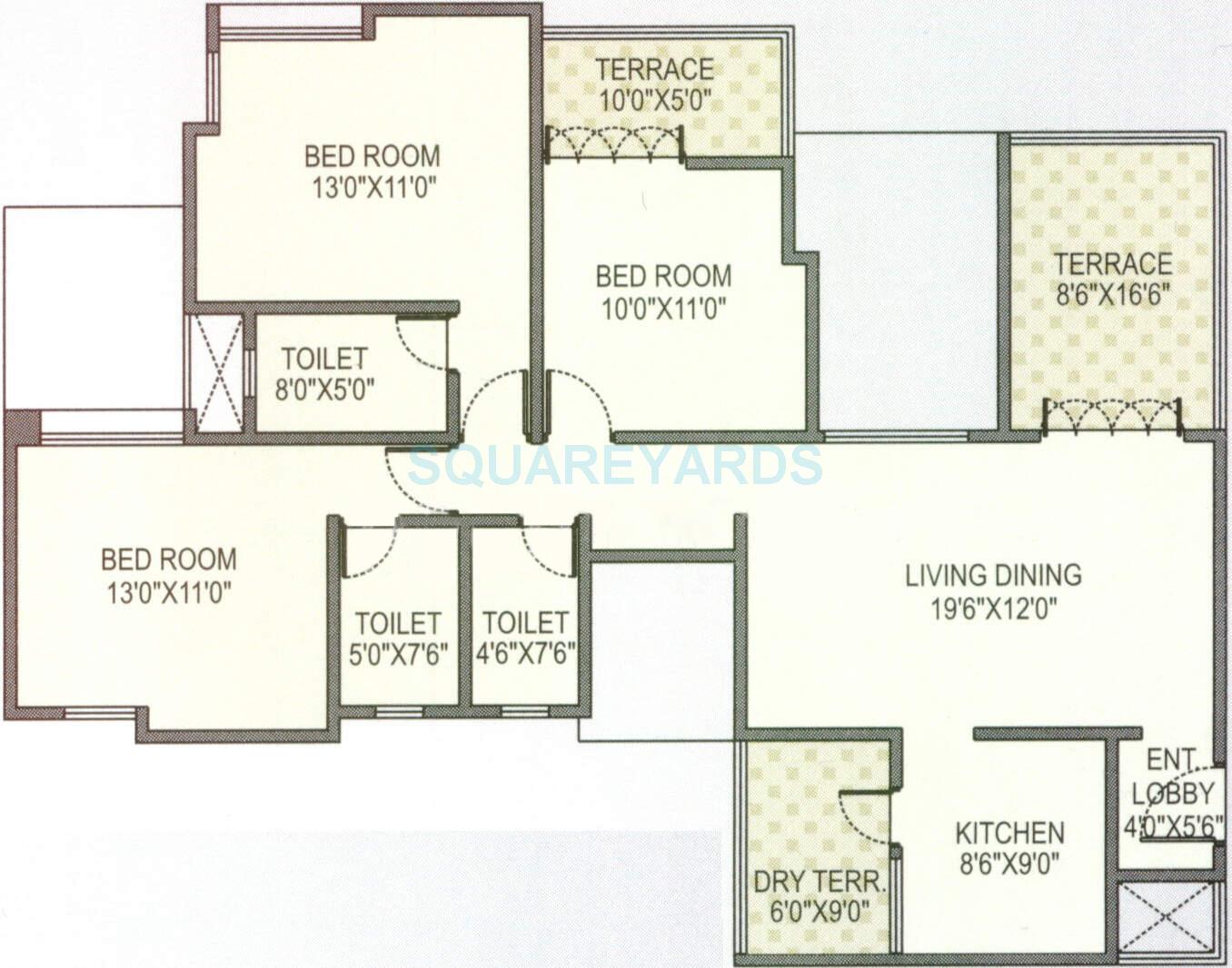 Floor plan of 3 BHK 1530 Sq. Ft. Apartment in Paranjape Schemes Azure, Pune