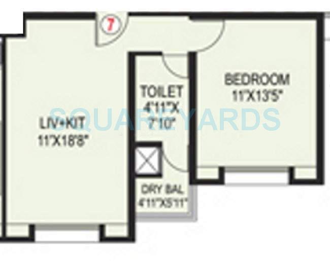 Floor plan of 1 BHK 579 Sq. Ft. Apartment in Paranjape Schemes Blue Ridge, Pune