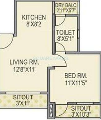 Floor plan of 1 BHK 806 Sq. Ft. Apartment in Paranjape Schemes Blue Ridge, Pune