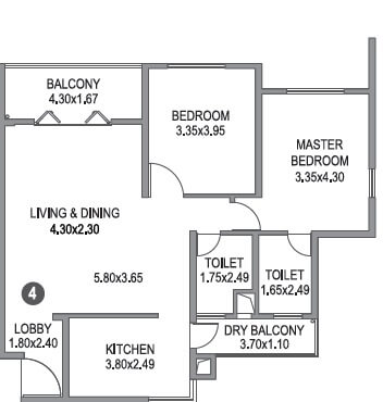 Floor plan of 2 BHK 1050 Sq. Ft. Apartment in Paranjape Schemes Blue Ridge, Pune