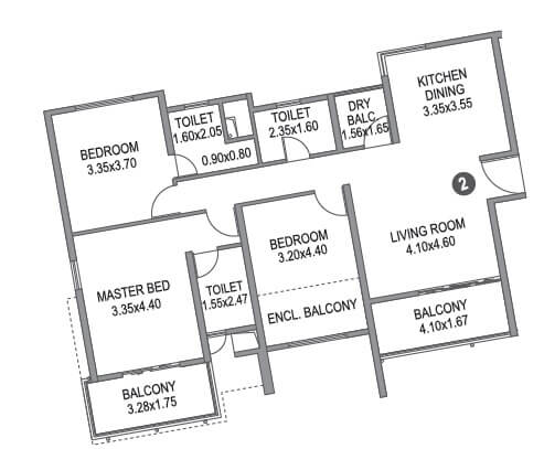 Floor plan of 3 BHK 1180 Sq. Ft. Apartment in Paranjape Schemes Blue Ridge, Pune