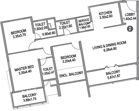 Floor plan of 3 BHK 1370 Sq. Ft. Apartment in Paranjape Schemes Blue Ridge, Pune