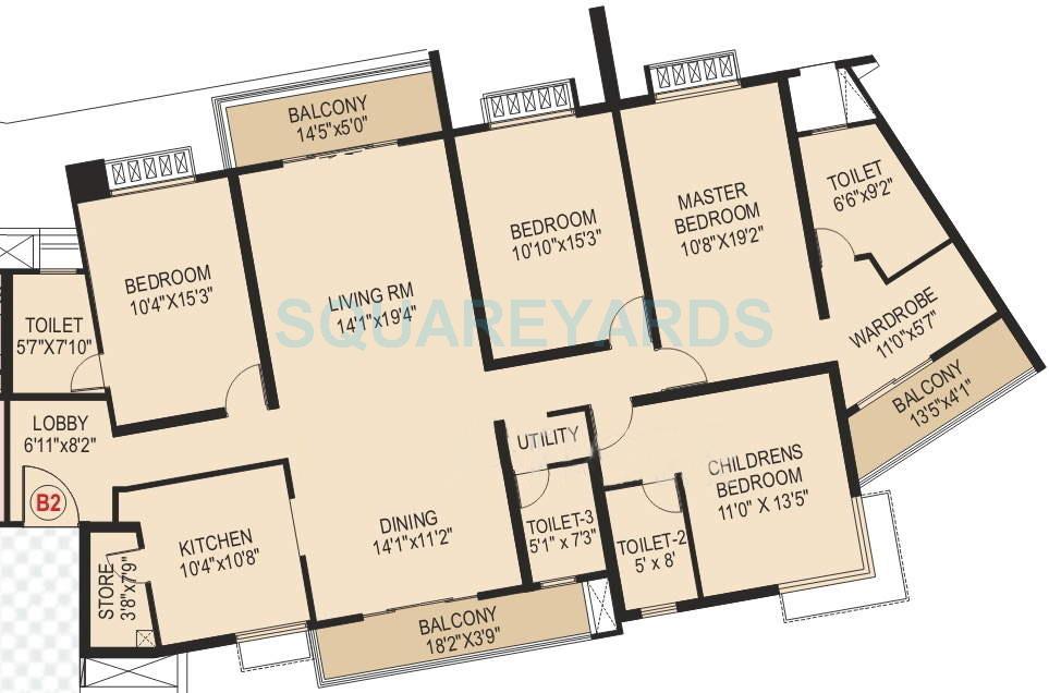 Floor plan of 4 BHK 1840 Sq. Ft. Apartment in Paranjape Schemes Blue Ridge, Pune
