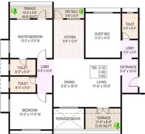 Floor plan of 3 BHK 1500 Sq. Ft. Apartment in Paranjape Schemes Crystal Garden, Pune