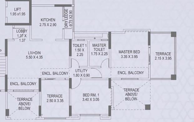 Floor plan of 2 BHK 647 Sq. Ft. Apartment in Paranjape Schemes Crystal Towers, Pune