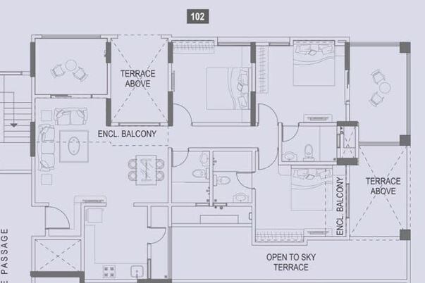Floor plan of 3 BHK 882 Sq. Ft. Apartment in Paranjape Schemes Crystal Towers, Pune