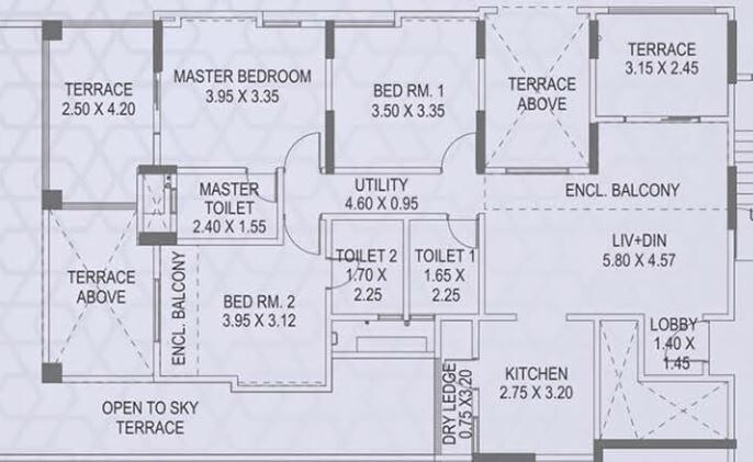 Floor plan of 3 BHK 876 Sq. Ft. Apartment in Paranjape Schemes Crystal Towers, Pune