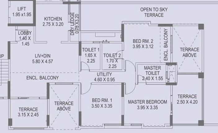 Floor plan of 3 BHK 880 Sq. Ft. Apartment in Paranjape Schemes Crystal Towers, Pune