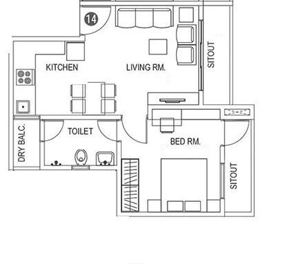 Floor plan of 1 BHK 370 Sq. Ft. Apartment in Paranjape Schemes Forest Trails, Pune