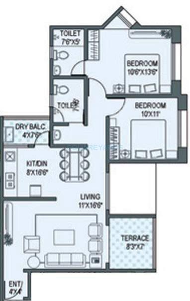 Floor plan of 2 BHK 994 Sq. Ft. Apartment in Paranjape Schemes Gloria Grace, Pune