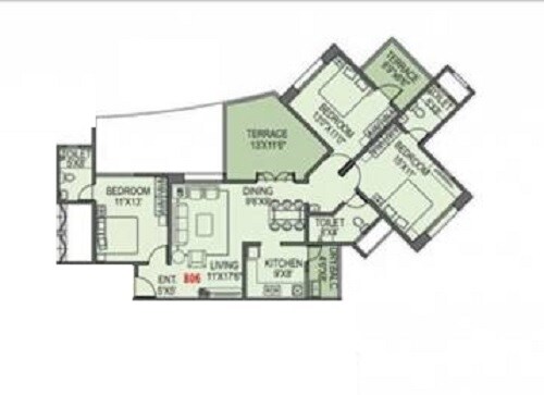 Floor plan of 3 BHK 1240 Sq. Ft. Apartment in Paranjape Schemes Gloria Grace, Pune