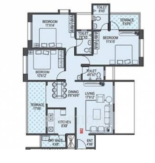 Floor plan of 3 BHK 1651 Sq. Ft. Apartment in Paranjape Schemes Gloria Grace, Pune