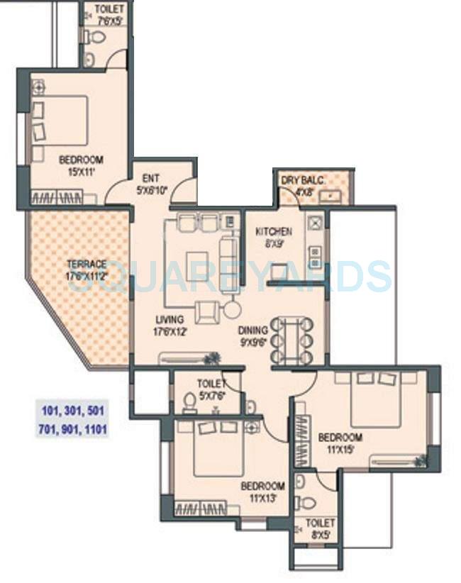 Floor plan of 3 BHK 1700 Sq. Ft. Apartment in Paranjape Schemes Gloria Grace, Pune