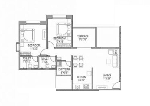 Floor plan of 2 BHK 549 Sq. Ft. Apartment in Paranjape Schemes Gloria Grand, Pune