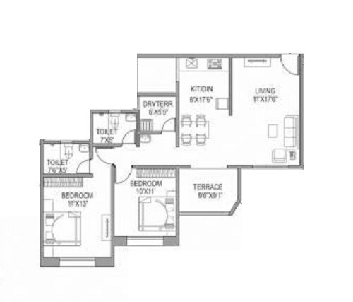 Floor plan of 2 BHK 872 Sq. Ft. Apartment in Paranjape Schemes Gloria Grand, Pune