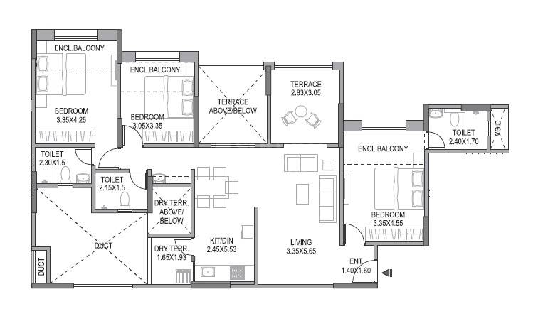Floor plan of 3 BHK 1076 Sq. Ft. Apartment in Paranjape Schemes Gloria Grand, Pune