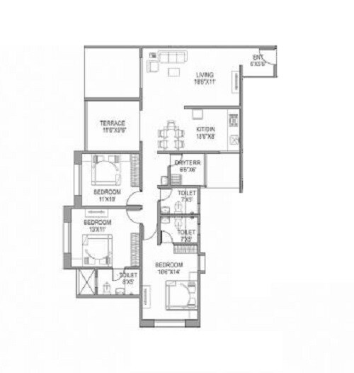 Floor plan of 3 BHK 969 Sq. Ft. Apartment in Paranjape Schemes Gloria Grand, Pune