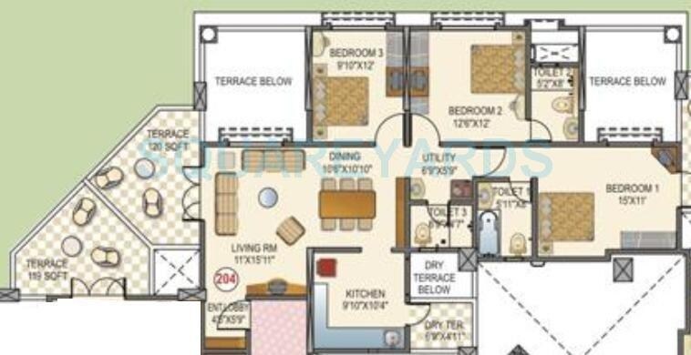 Floor plan of 3 BHK 1600 Sq. Ft. Apartment in Paranjape Schemes La Cresta, Pune