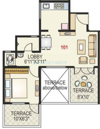 Floor plan of 1 BHK 371 Sq. Ft. Apartment in Paranjape Schemes Madhukosh, Pune
