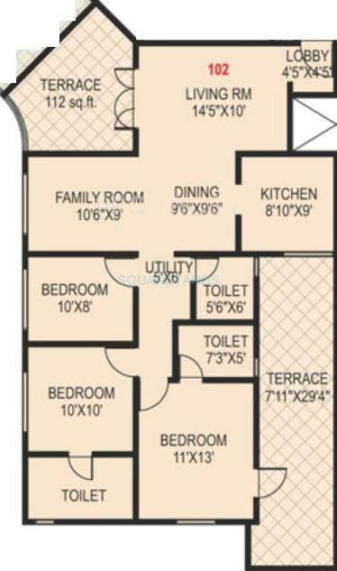 Floor plan of 3 BHK 924 Sq. Ft. Apartment in Paranjape Schemes Madhukosh, Pune