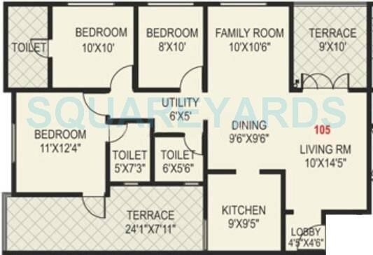 Floor plan of 3 BHK 724 Sq. Ft. Apartment in Paranjape Schemes Madhukosh, Pune
