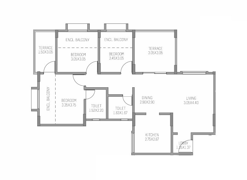 Floor plan of 3 BHK 821 Sq. Ft. Apartment in Paranjape Schemes Madhukosh, Pune