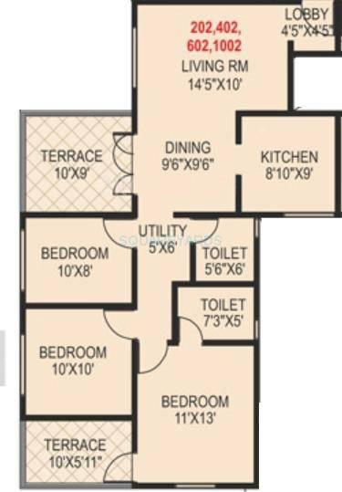 Floor plan of 3 BHK 837 Sq. Ft. Apartment in Paranjape Schemes Madhukosh, Pune