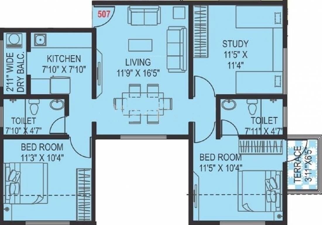 Floor plan of 2 BHK 1186 Sq. Ft. Apartment in Paranjape Schemes Pratham, Pune