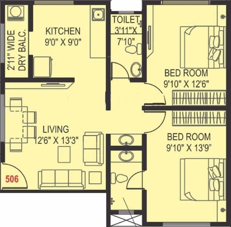 Floor plan of 2 BHK 906 Sq. Ft. Apartment in Paranjape Schemes Pratham, Pune