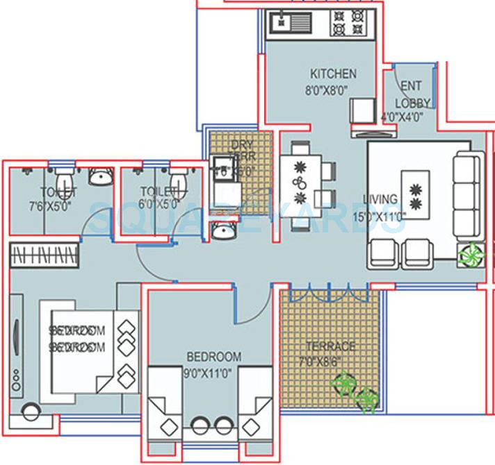 Floor plan of 2 BHK 826 Sq. Ft. Apartment in Paranjape Schemes Richmond Park, Pune