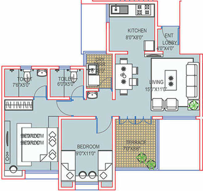 Floor plan of 2 BHK 953 Sq. Ft. Apartment in Paranjape Schemes Richmond Park, Pune
