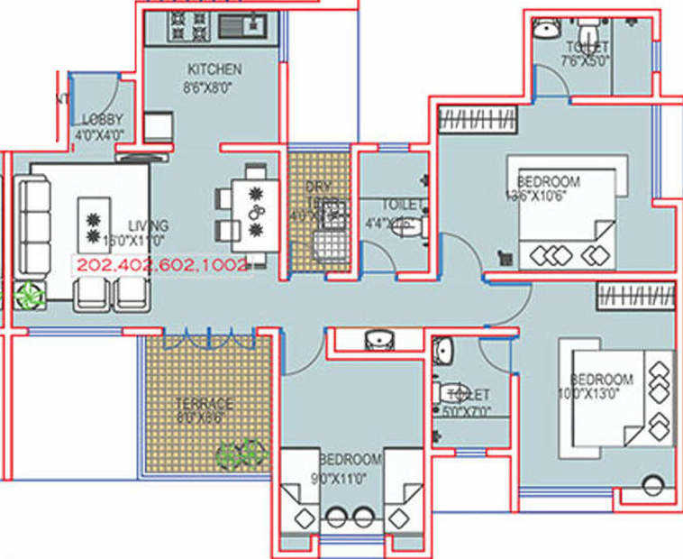 Floor plan of 3 BHK 1218 Sq. Ft. Apartment in Paranjape Schemes Richmond Park, Pune
