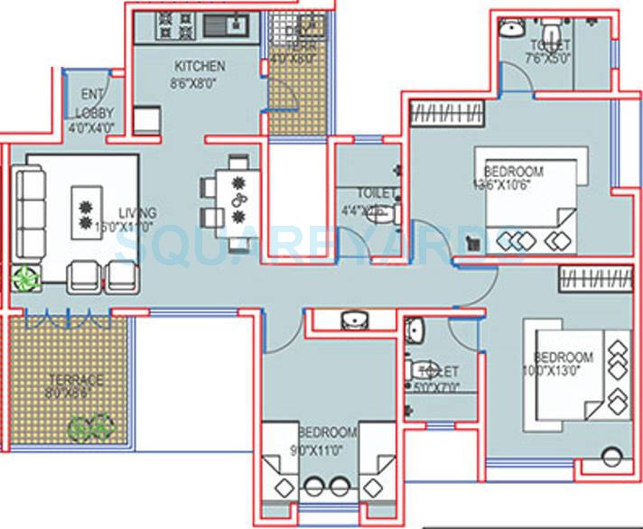 Floor plan of 3 BHK 2085 Sq. Ft. Apartment in Paranjape Schemes Richmond Park, Pune