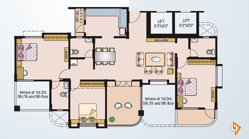 Floor plan of 3 BHK 1064 Sq. Ft. Apartment in Paranjape Schemes Ruturang E, Pune