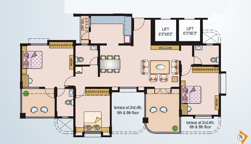 Floor plan of 3 BHK 1277 Sq. Ft. Apartment in Paranjape Schemes Ruturang E, Pune