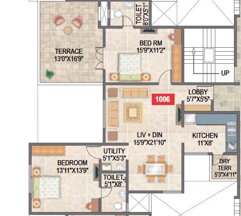 Floor plan of 2 BHK 1487 Sq. Ft. Apartment in Paranjape Schemes Saptagiri, Pune