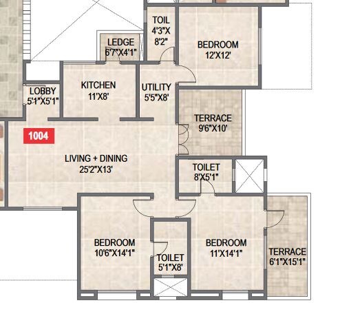 Floor plan of 3 BHK 1648 Sq. Ft. Apartment in Paranjape Schemes Saptagiri, Pune