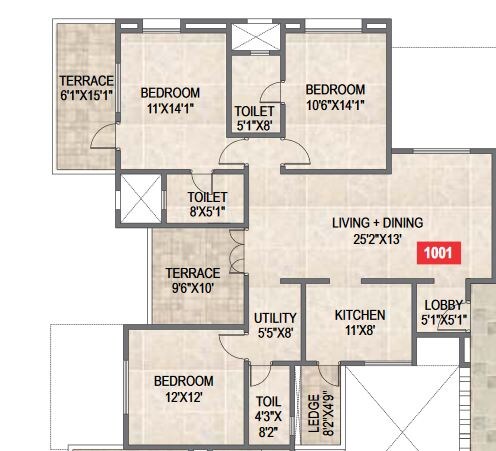 Floor plan of 3 BHK 1687 Sq. Ft. Apartment in Paranjape Schemes Saptagiri, Pune