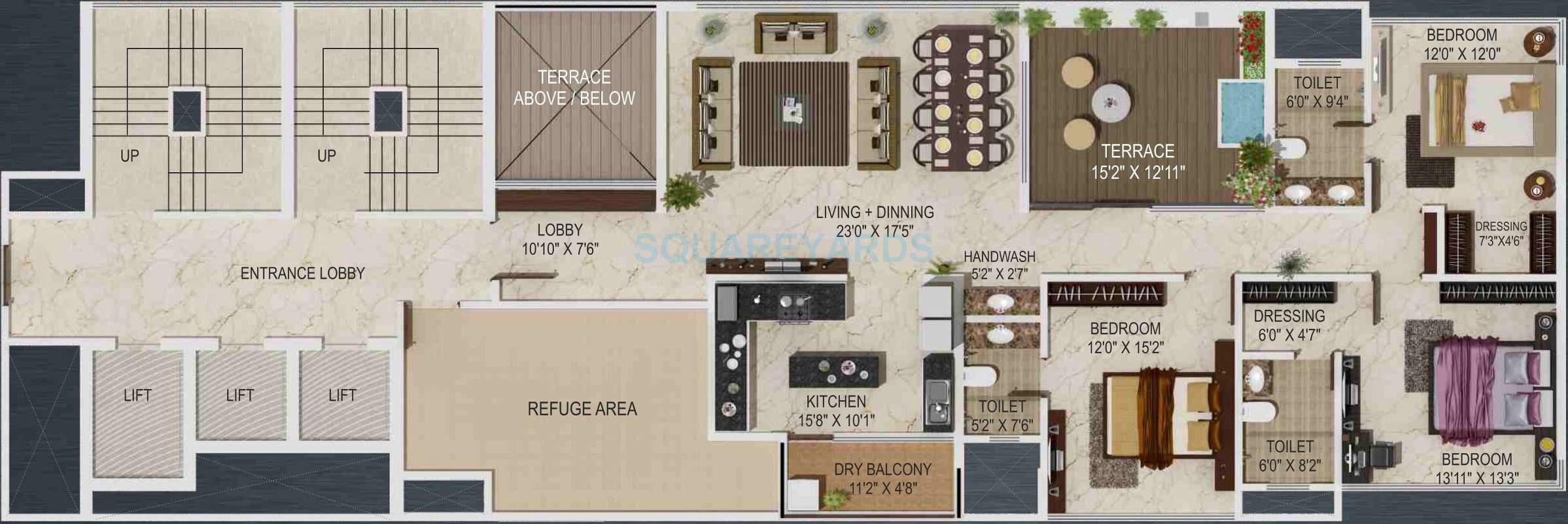 Floor plan of 3 BHK 1421 Sq. Ft. Apartment in Paranjape Schemes Sky One, Pune