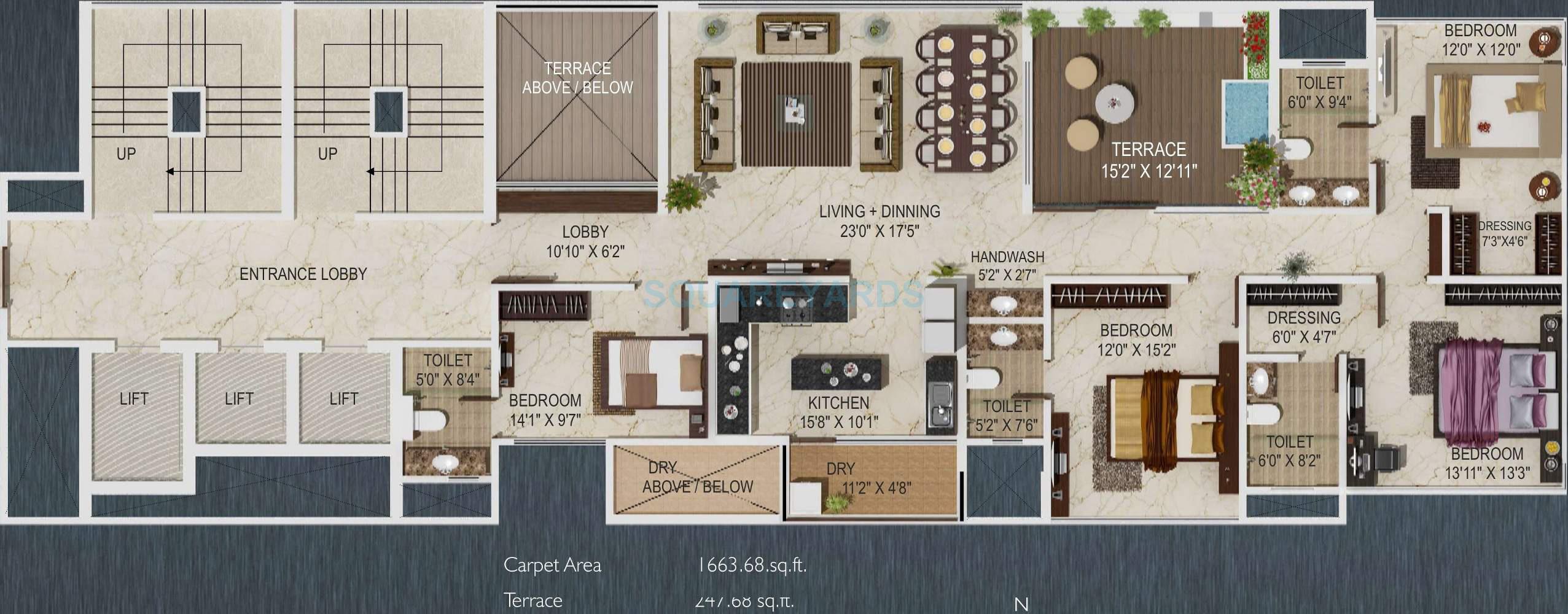 Floor plan of 4 BHK 1663 Sq. Ft. Apartment in Paranjape Schemes Sky One, Pune