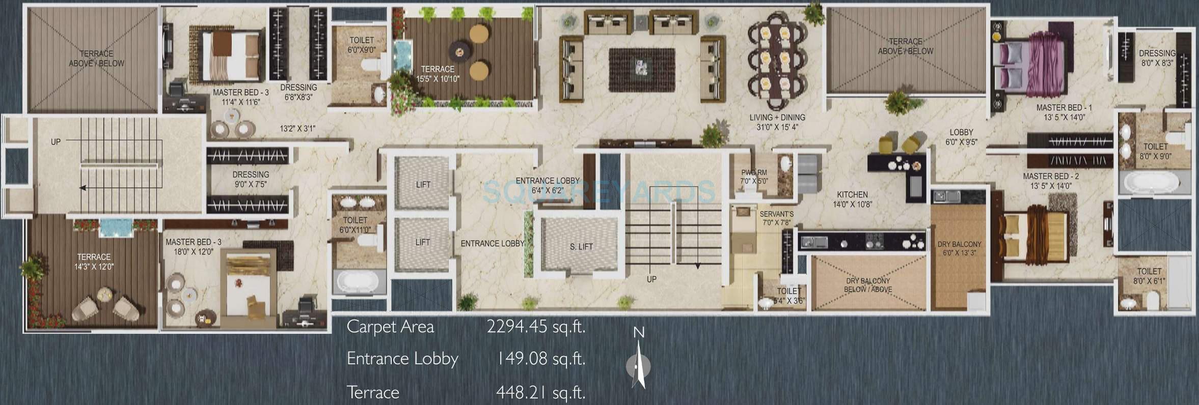 Floor plan of 4 BHK 1675 Sq. Ft. Apartment in Paranjape Schemes Sky One, Pune