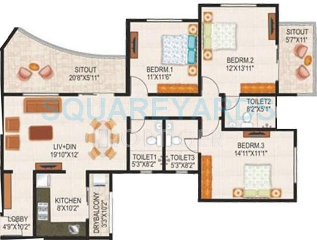 Floor plan of 3 BHK 1188 Sq. Ft. Apartment in Paranjape Schemes The Highlands, Pune