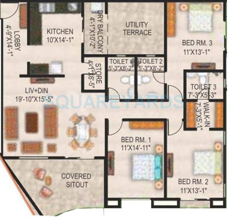 Floor plan of 3 BHK 1244 Sq. Ft. Apartment in Paranjape Schemes The Highlands, Pune