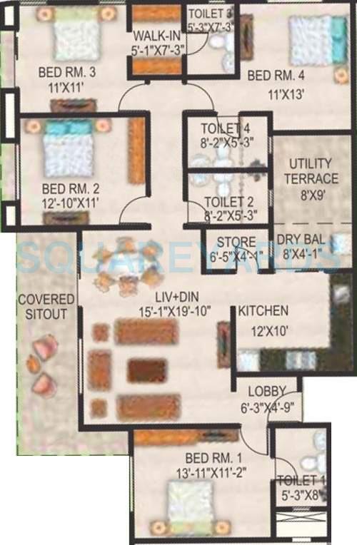Floor plan of 4 BHK 1320 Sq. Ft. Apartment in Paranjape Schemes The Highlands, Pune