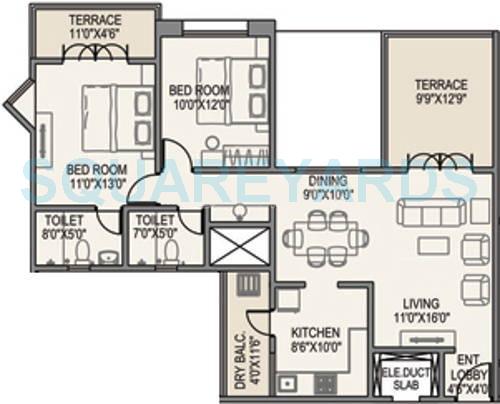 Floor plan of 2 BHK 1186 Sq. Ft. Apartment in Paranjape Schemes Yuthika, Pune