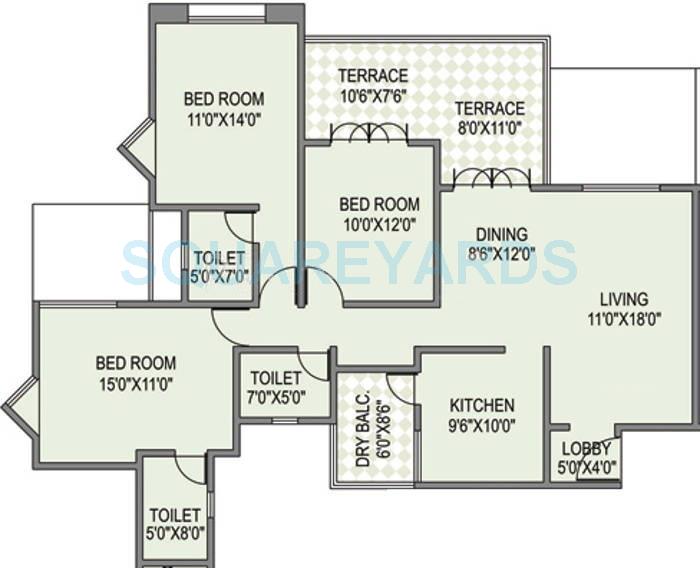 Floor plan of 3 BHK 1594 Sq. Ft. Apartment in Paranjape Schemes Yuthika, Pune
