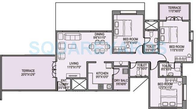 Floor plan of 3 BHK 2365 Sq. Ft. Apartment in Paranjape Schemes Yuthika, Pune