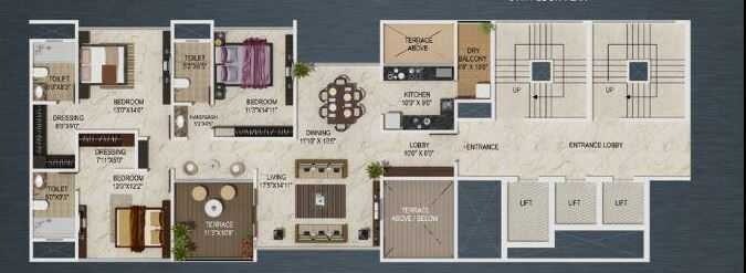 Floor plan of 3 BHK 1591 Sq. Ft. Apartment in Paranjape Sky One Apartment, Pune