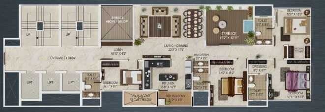 Floor plan of 4 BHK 3091 Sq. Ft. Apartment in Paranjape Sky One Apartment, Pune